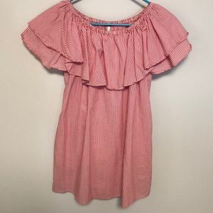 Pink and white striped off the shoulder dress